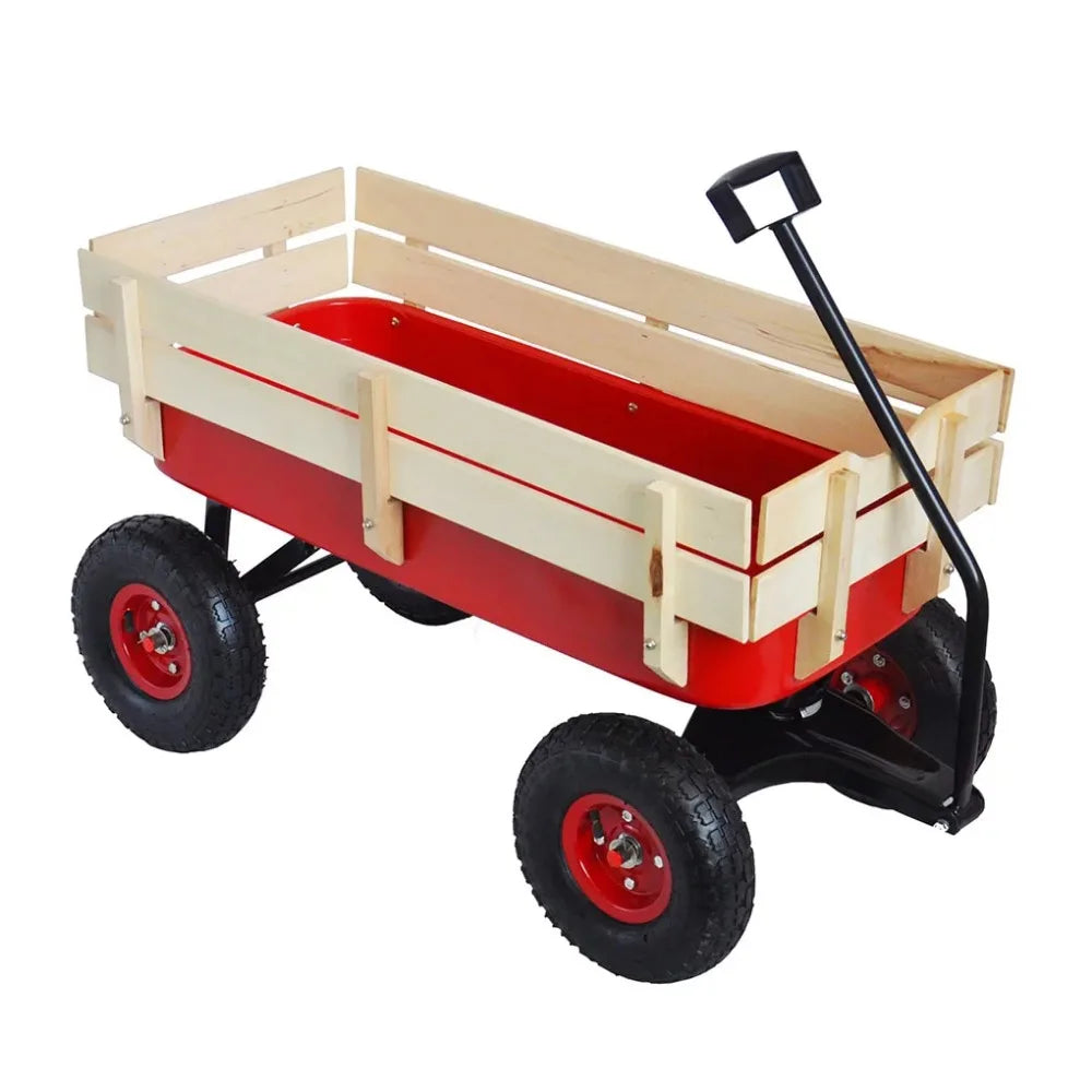 Classic Red Outdoor All-Terrain Wagon With Wood Railing