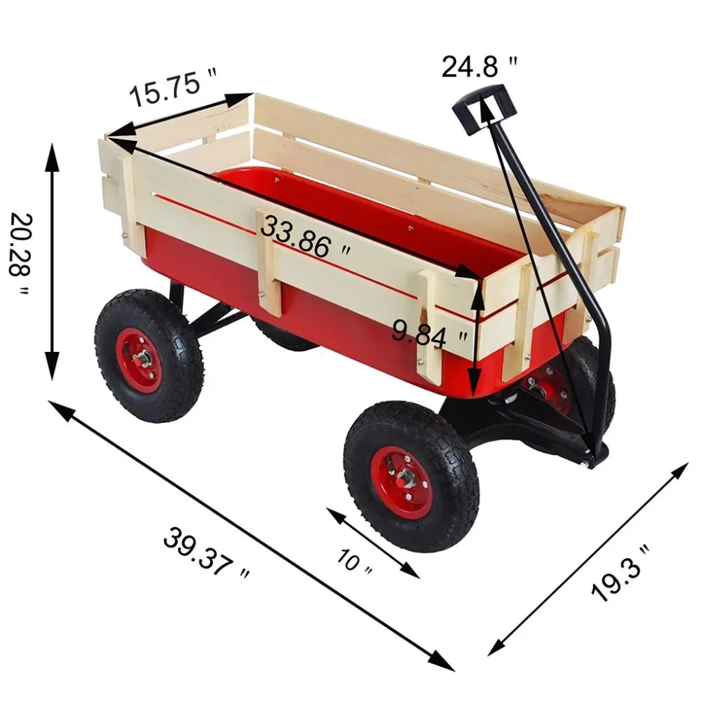 Classic Red Outdoor All-Terrain Wagon With Wood Railing