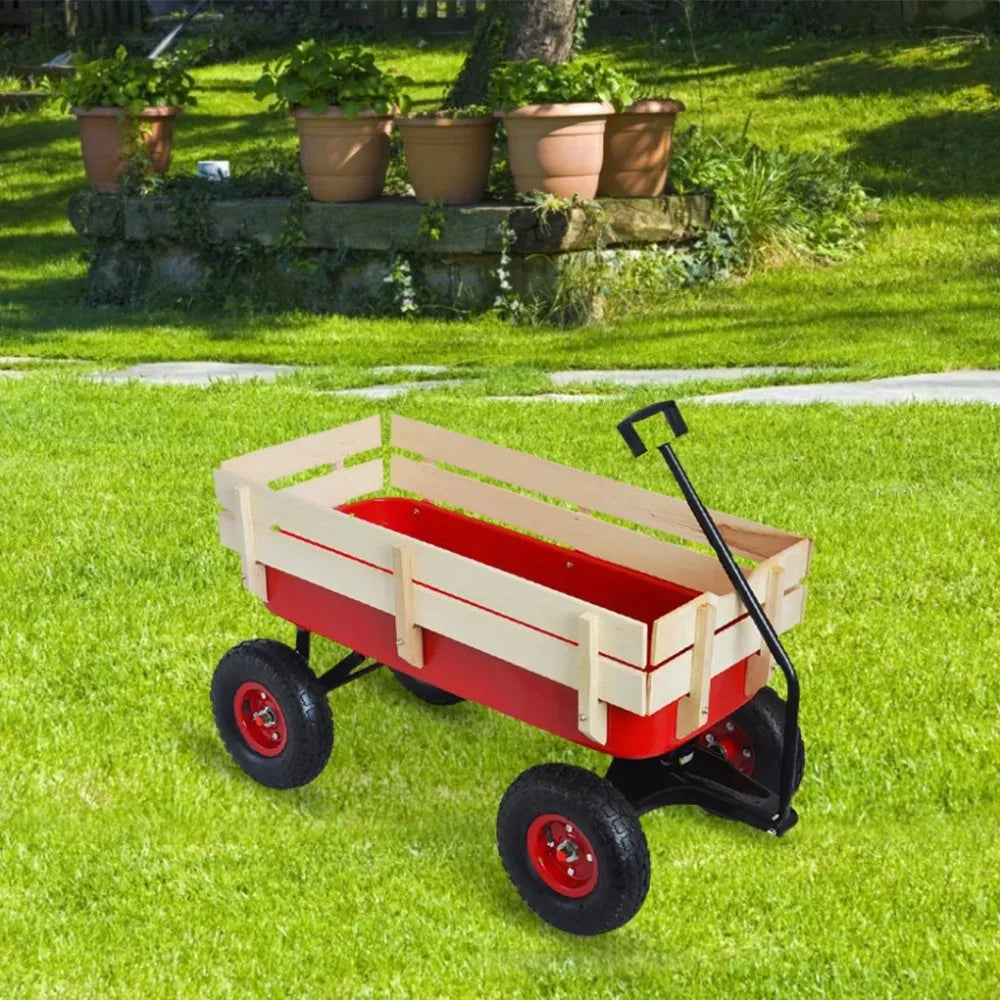 Classic Red Outdoor All-Terrain Wagon With Wood Railing