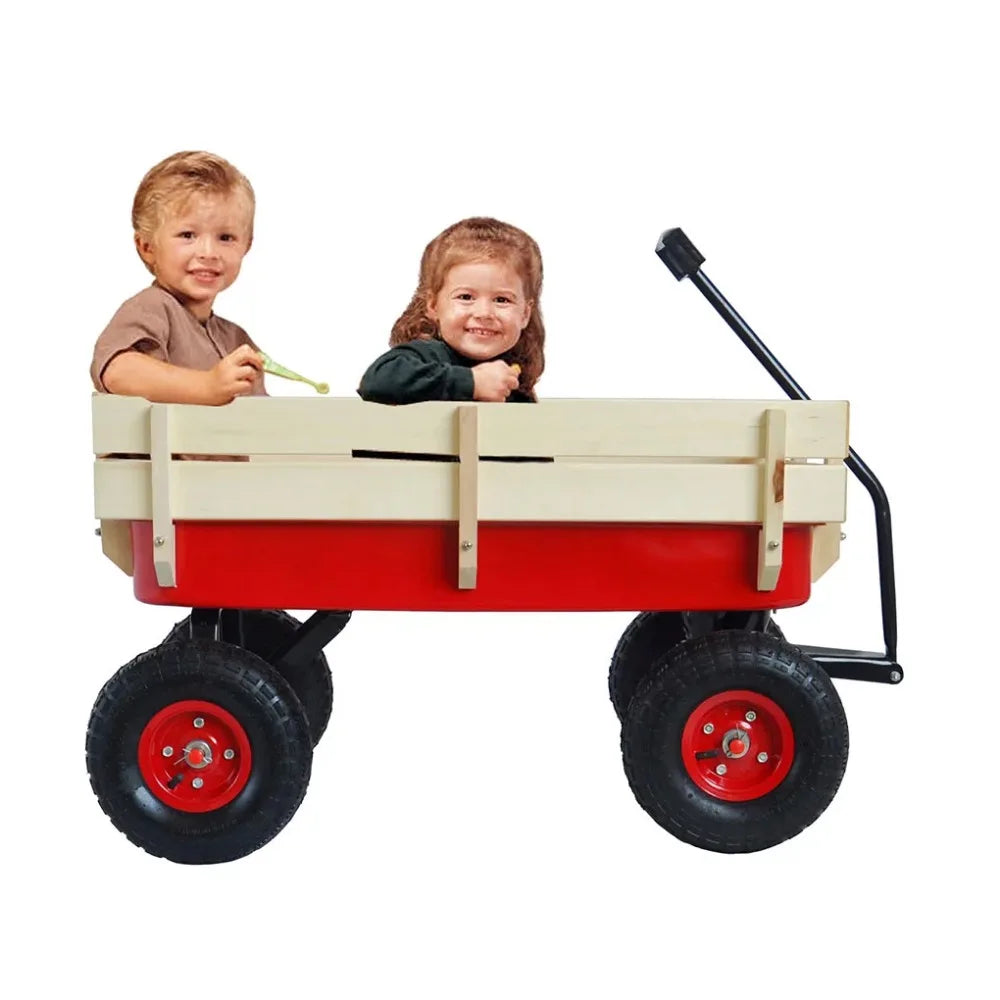 Classic Red Outdoor All-Terrain Wagon With Wood Railing