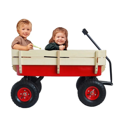 Classic Red Outdoor All-Terrain Wagon With Wood Railing
